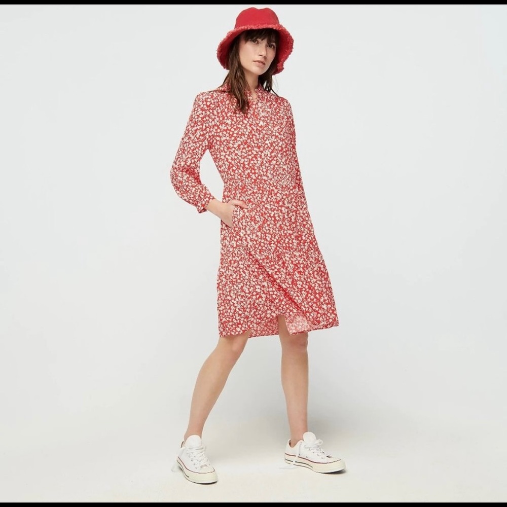 NEW-JCREW- Red Floral Tiered Button down Dress- M